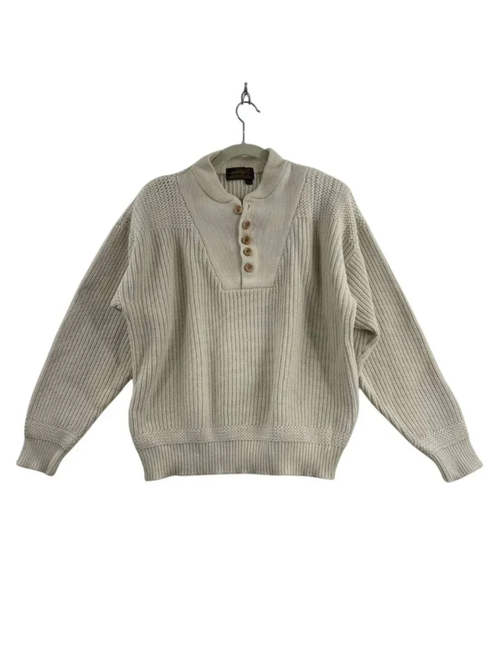 Eddie Bauer Sweater Men's Medium Beige Button Henley Knit Pullover Long Sleeve